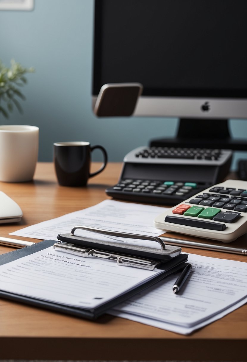 A tidy desk with neatly organized bills, statements, and a budget planner. A clear, labeled filing system for important documents. A calculator and pen ready for use
