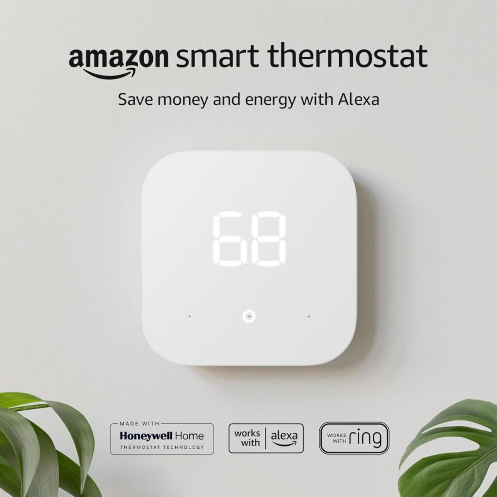 Amazon Smart Thermostat with a sleek design, featuring a digital display and intuitive controls for efficient temperature management