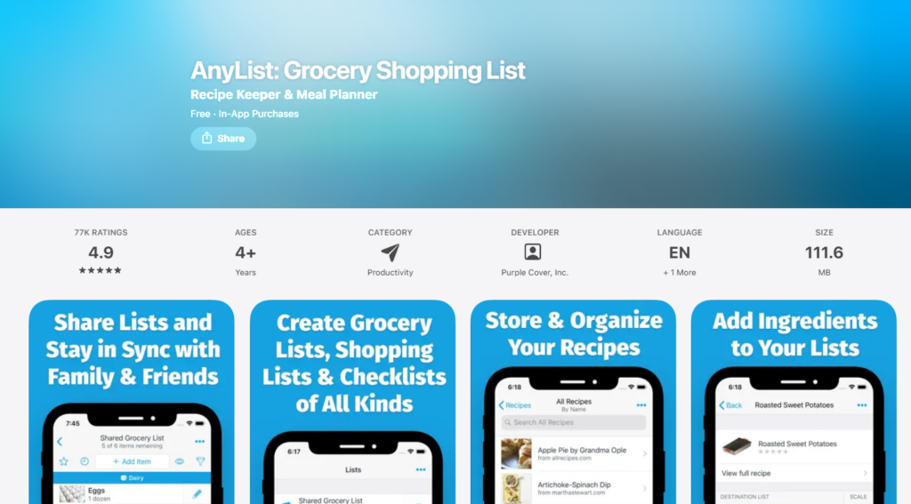 App store page for AnyList: Grocery Shopping List, featuring high ratings and productivity category. Highlights include sharing lists, creating grocery and shopping lists, organizing recipes, and adding ingredients. The interface displays list features and user-friendliness.