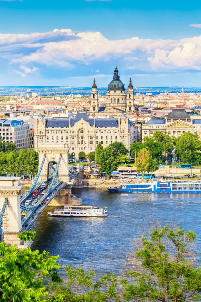 Scenic spring day view from Buda Castle featuring the Chain Bridge, Danube River, and St. Stephen's Basilica in Budapest.