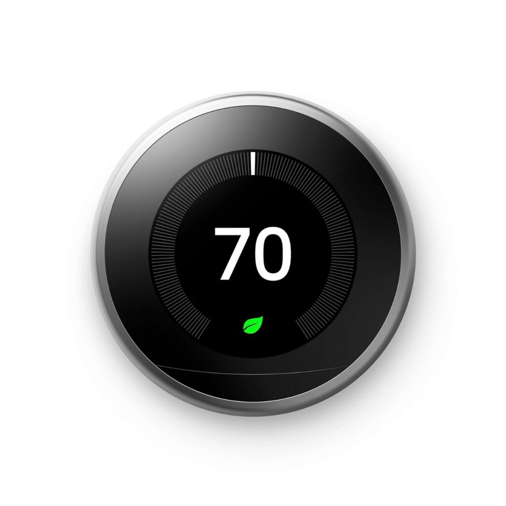 Google Nest Learning Thermostat featuring a round display, showing current temperature and energy-saving settings