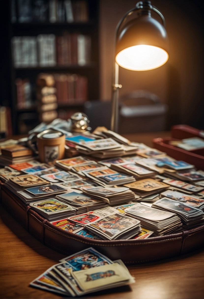 A table covered in baseball cards, albums, and sleeves. A magnifying glass and a price guide book are nearby