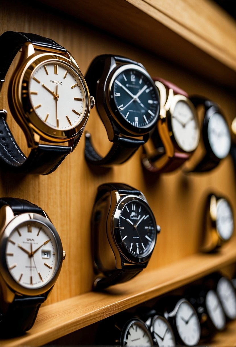A collection of watches and clocks displayed on a shelf, with various styles and designs