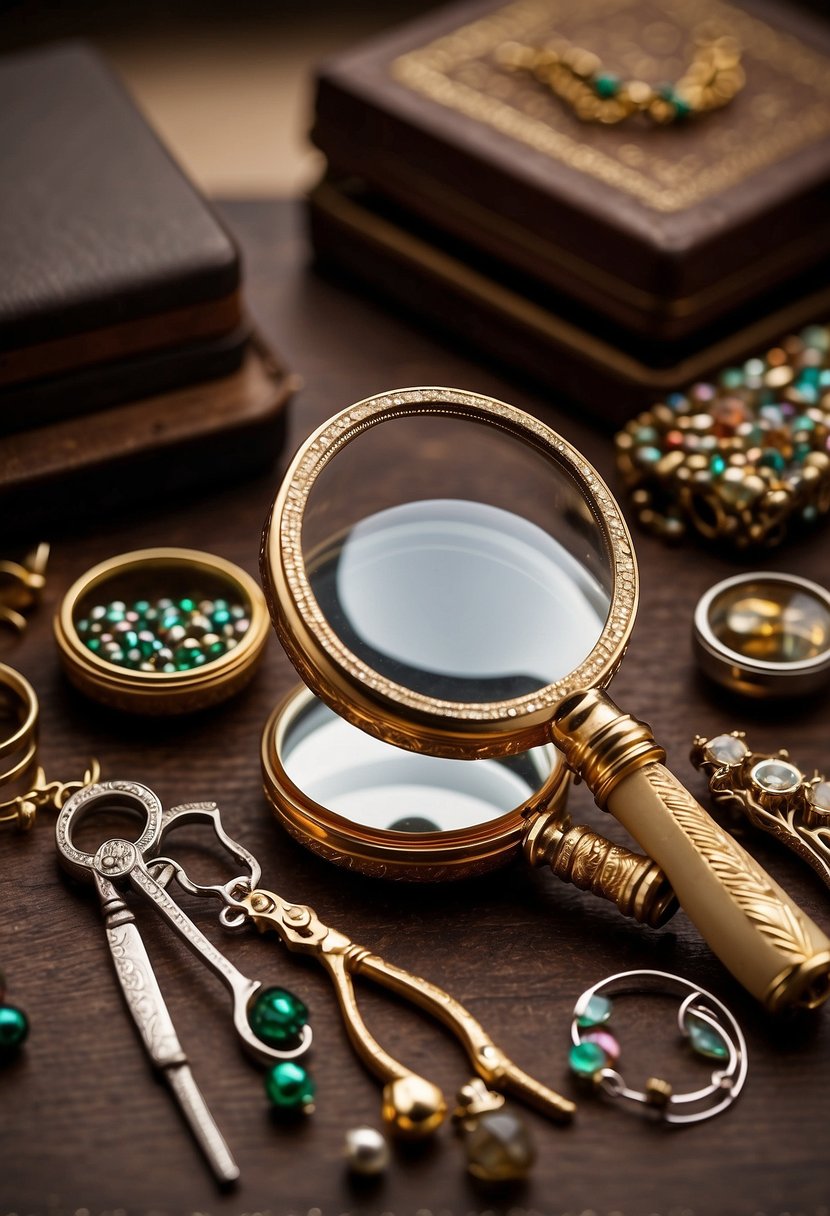 A table covered in jewelry boxes, beads, and tools. A magnifying glass, tweezers, and a notebook for cataloging