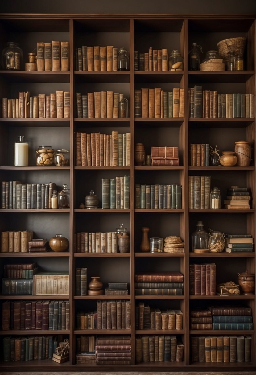 A shelf filled with books on various topics, surrounded by jars and containers holding different collections of items