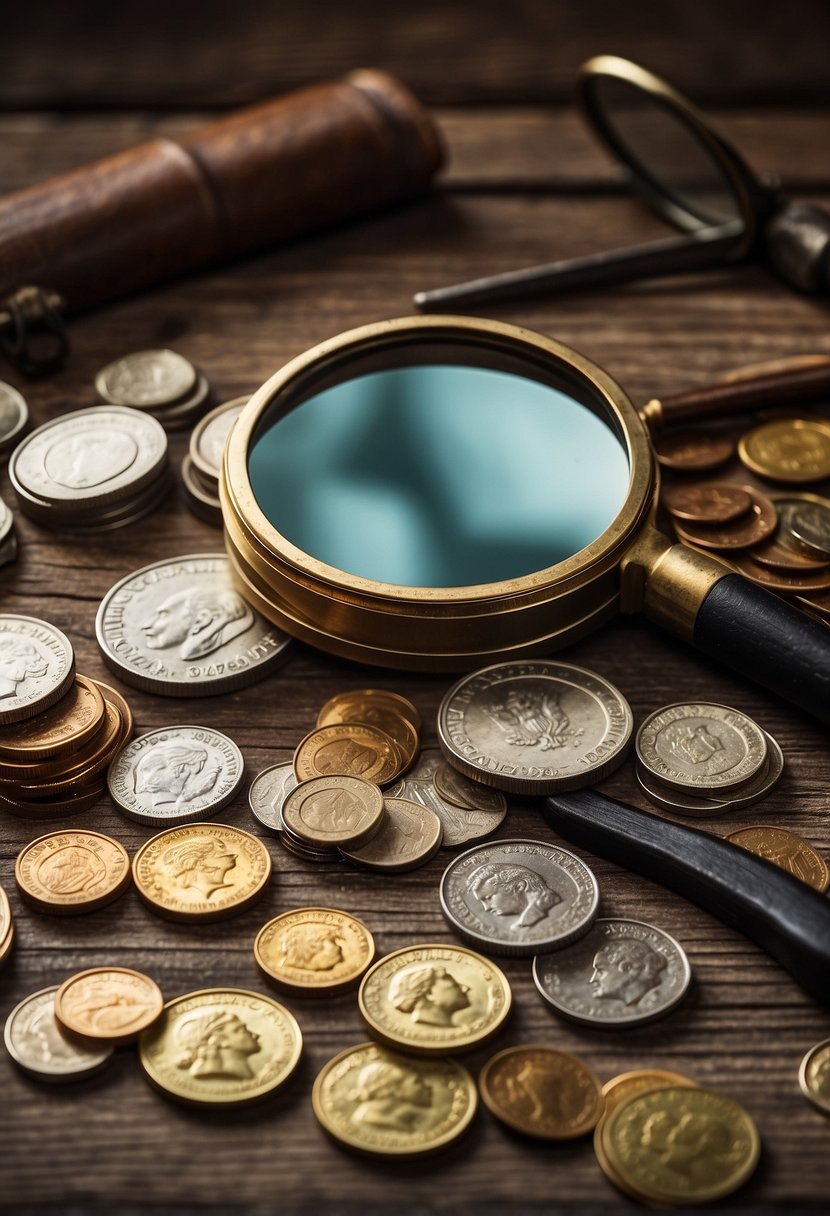Coins scattered on a wooden table, alongside stamps and postcards. A magnifying glass and tweezers sit nearby, hinting at the meticulous nature of the collector's hobby