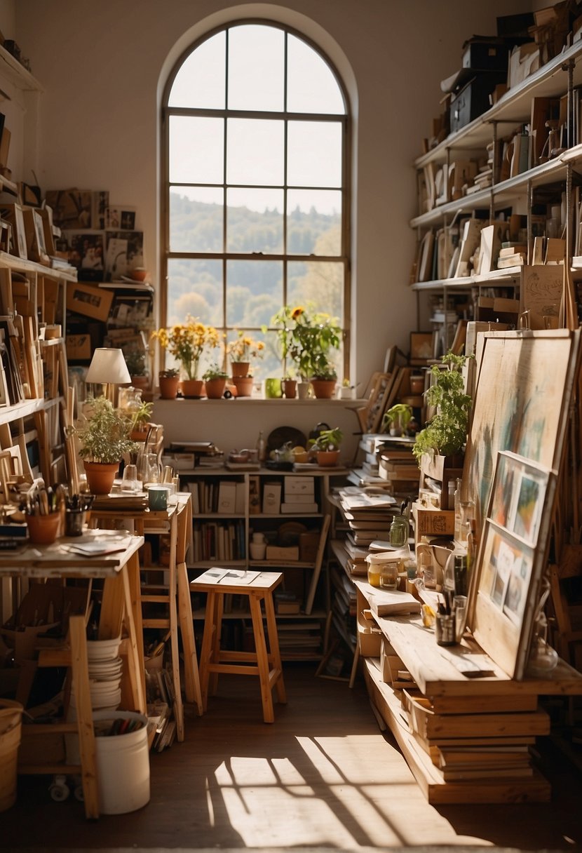 A cluttered studio with shelves filled with various paintings, brushes, and palettes. Canvases stacked against the wall, some finished, others in progress. Sunlight streaming in through a window, casting a warm glow on the creative chaos
