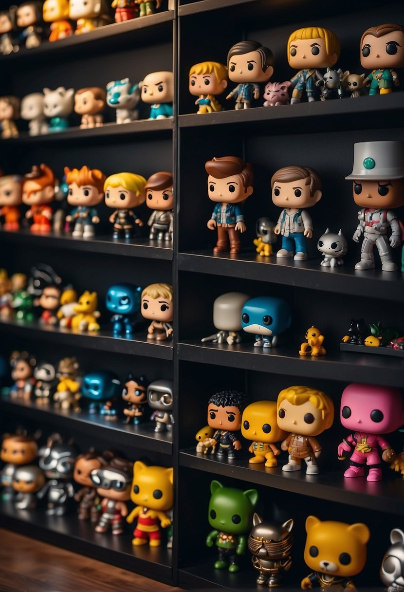 Funko Pops arranging in a display case, surrounded by shelves of colorful boxes and figurines