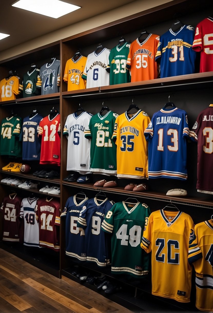 Jerseys arranged neatly on shelves with sports memorabilia and collectible items displayed around them