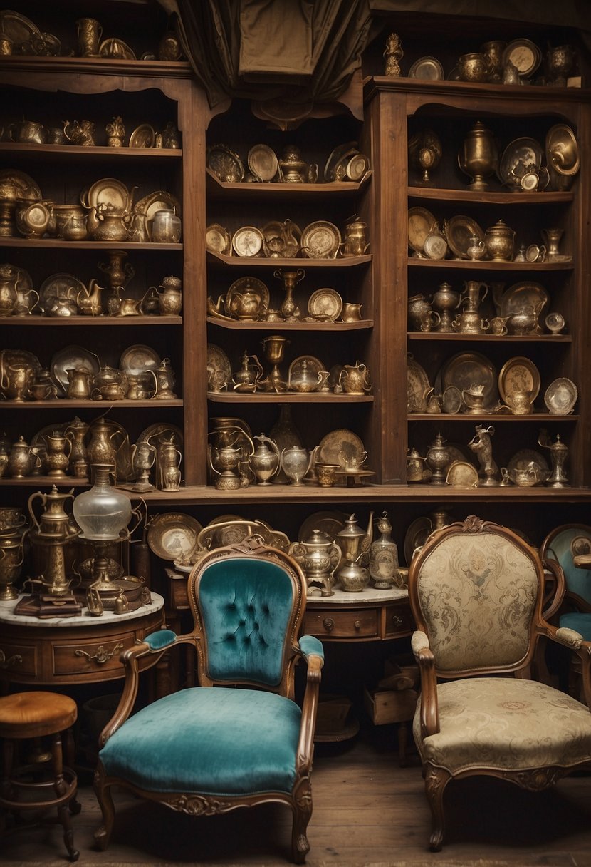 A cluttered room filled with ornate chairs, tables, and cabinets. Dusty shelves hold delicate trinkets and vintage knick-knacks
