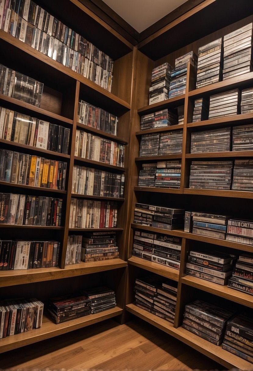 A shelf filled with CDs and DVDs, neatly organized and displayed as a collection