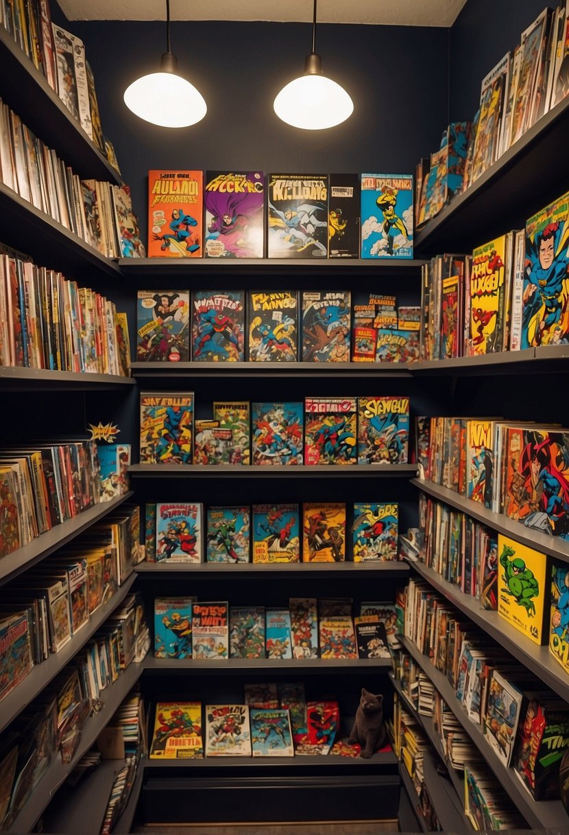 A colorful array of comic books neatly organized on shelves, with collectible figurines and posters adorning the walls in a cozy, well-lit room