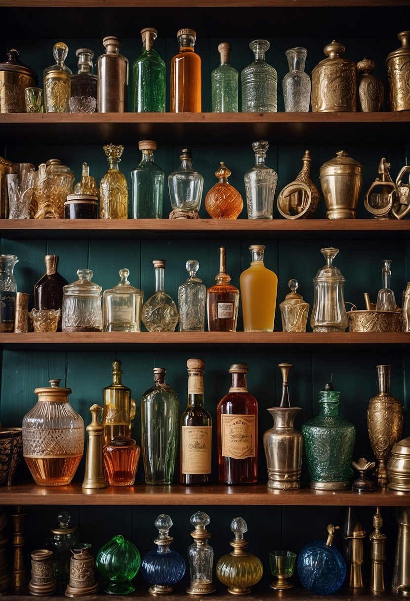 A shelf filled with various barware items, including vintage cocktail shakers, colorful glassware, and ornate bottle openers