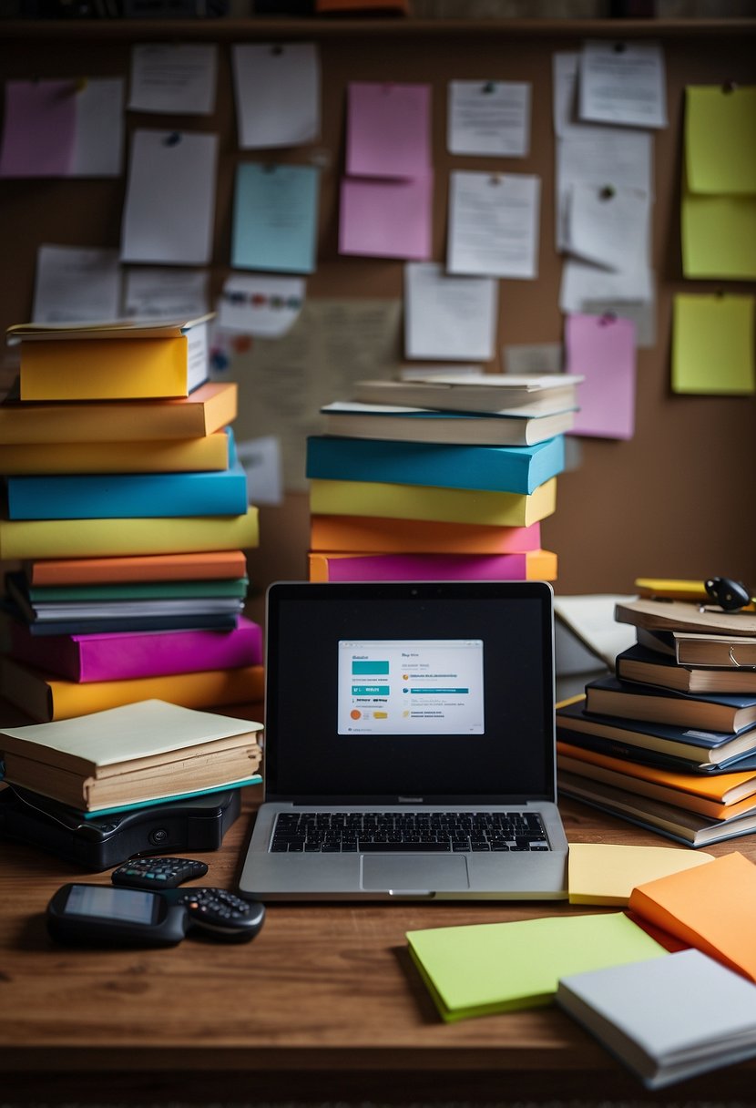 A stack of books, a laptop, and various tools spread out on a desk, surrounded by colorful sticky notes and a brainstorming chart on the wall