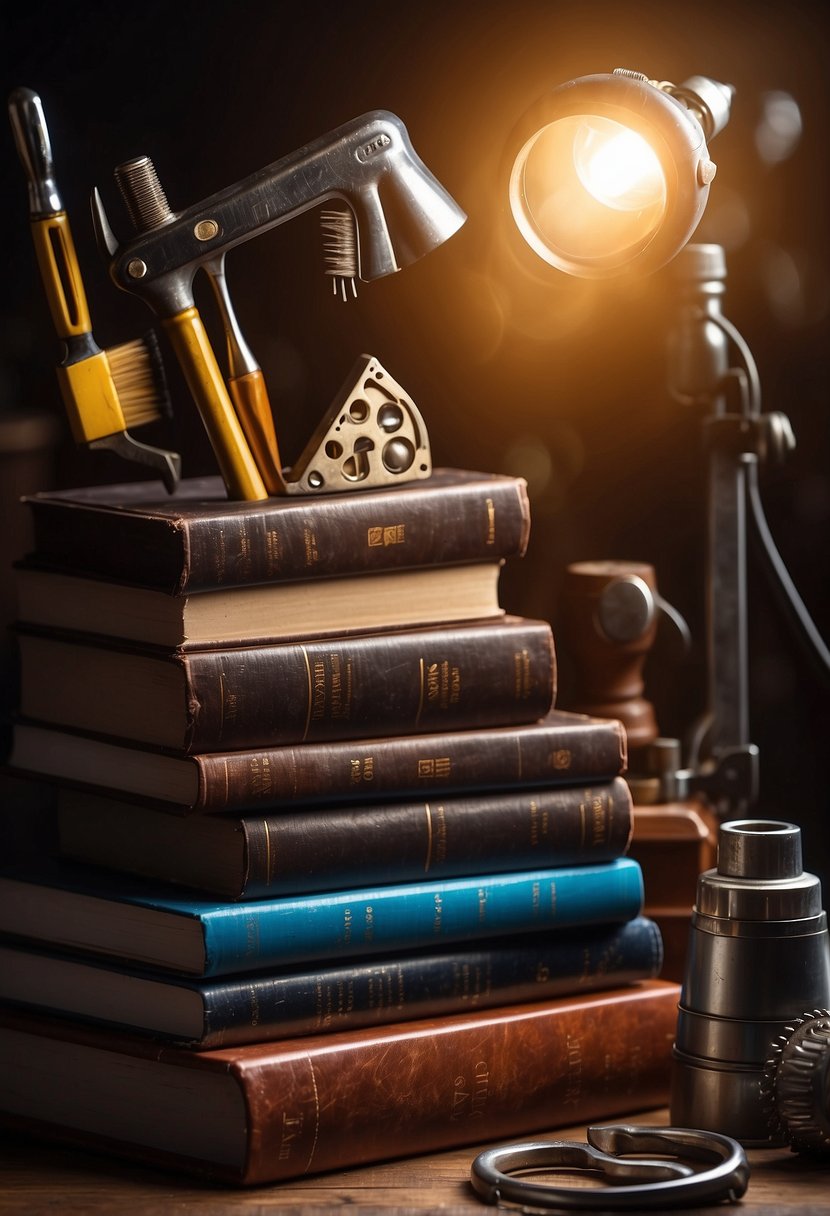 A stack of books and tools, surrounded by symbols of different skills (e.g. paintbrush, computer, wrench), with a spotlight shining on them