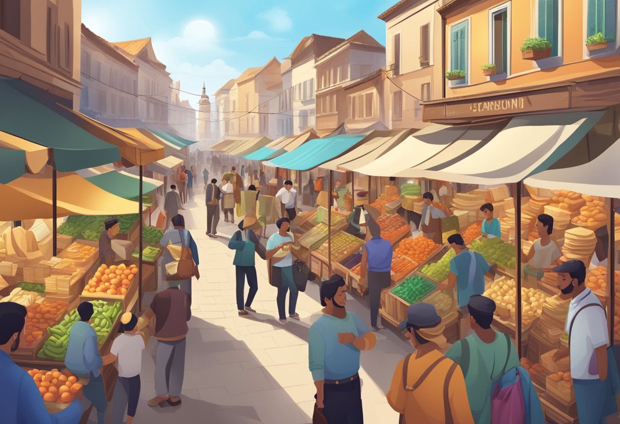 A marketplace bustling with vendors and customers, exchanging goods and negotiating prices with animated gestures