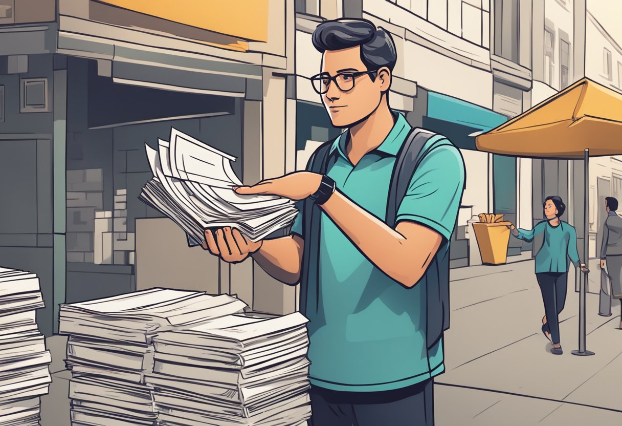 A person holding a stack of bills while gesturing towards a vendor with a confident expression. The vendor looks slightly hesitant but engaged in the negotiation