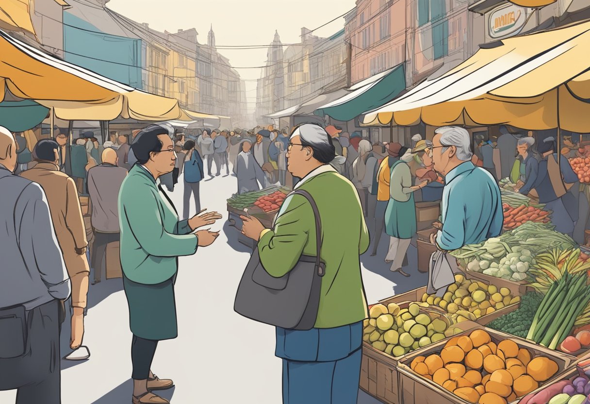 Two people facing each other, gesturing and negotiating over a price in a bustling market setting