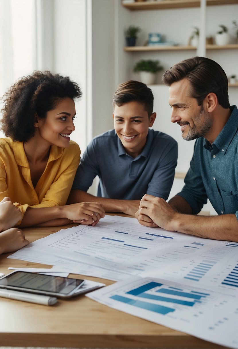 A family sits around a table with a budget spreadsheet, discussing financial goals and strategies to get out of debt. They are focused and determined, with a sense of unity and purpose