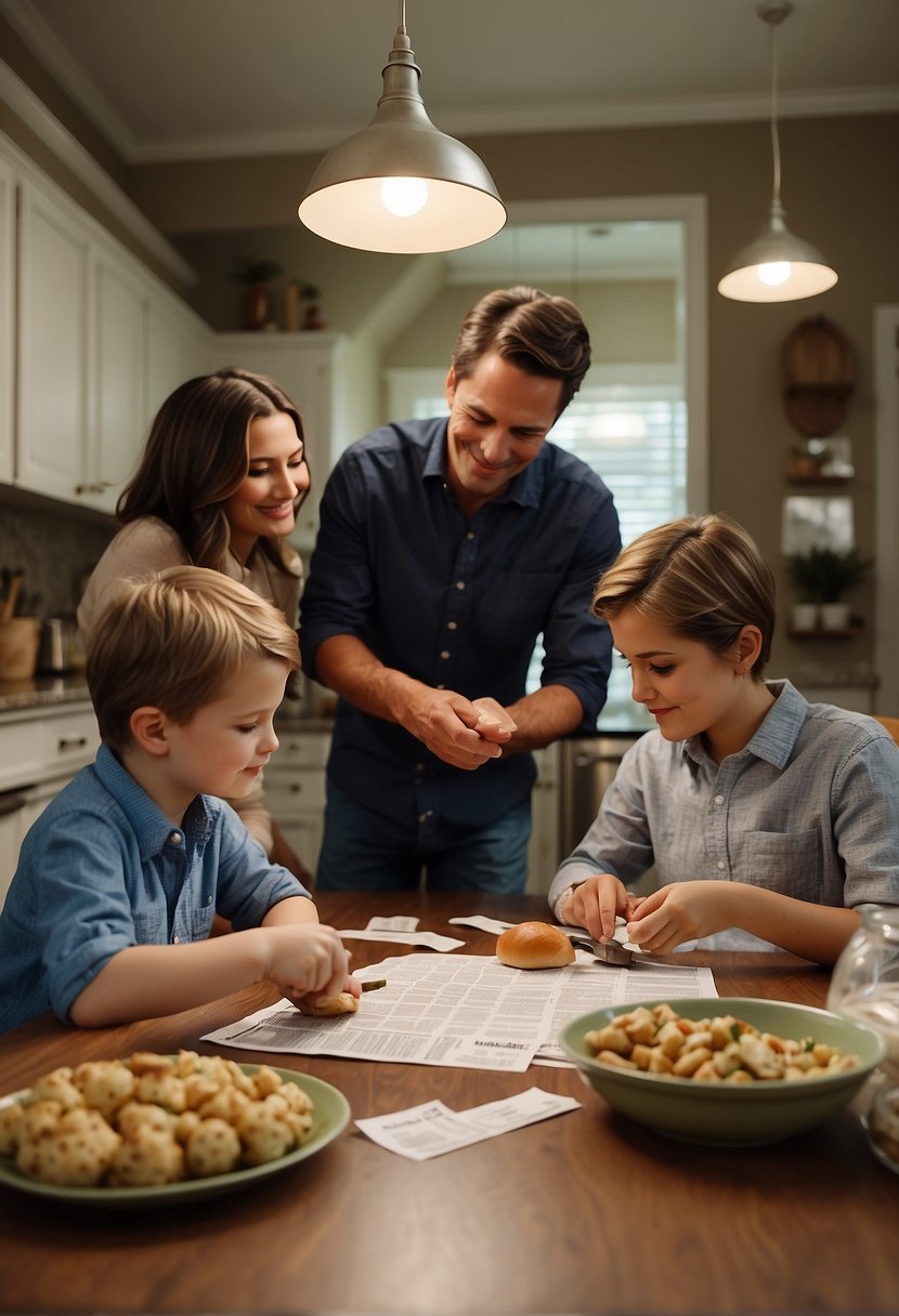 A family sits around a table, creating a budget. They cut coupons and shop for affordable groceries. They sell unused items and find ways to save money