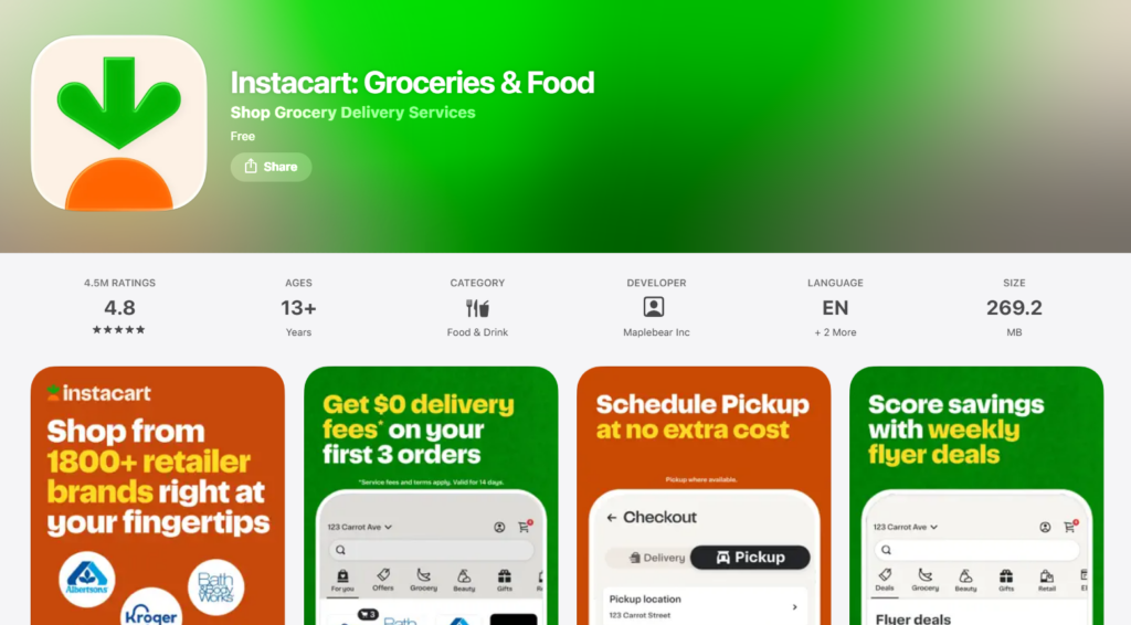 Instacart app page featuring green and orange graphics. Highlights include 1800+ retailer brands, $0 delivery fees for 3 orders, and easy pickup scheduling. Rated 4.8 stars, suitable for ages 13 and up