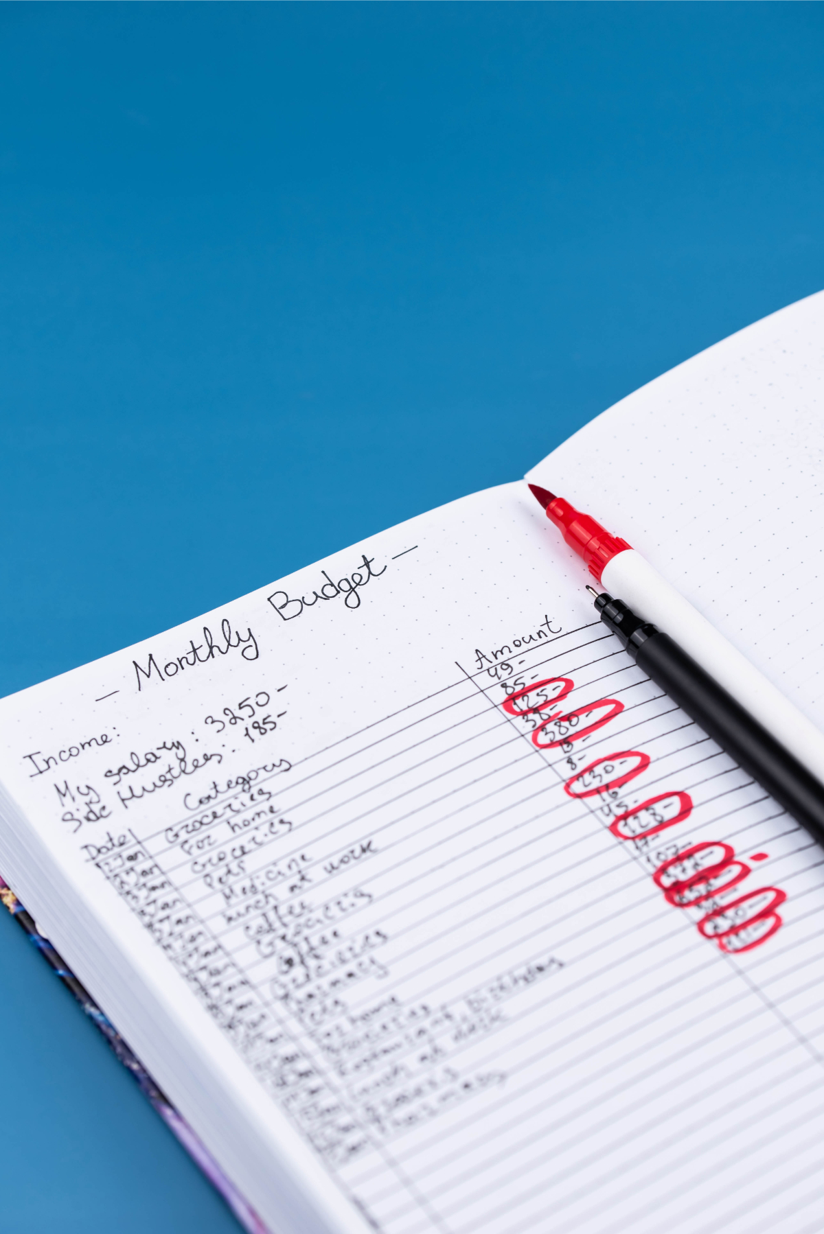 Daily planner notebook on a desk, displaying organized monthly budget tracking in clear, handwritten notes.
