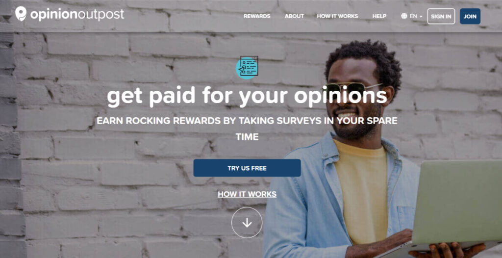 Opinion Outpost website landing page featuring survey opportunities and user testimonials for earning rewards
