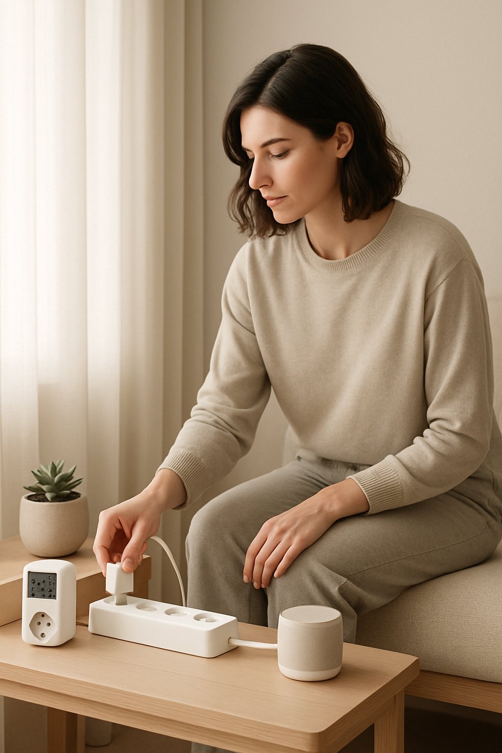 A woman unplugging a small device from a power strip in a sunlit, cozy corner of a modern home with smart energy gadgets nearby.