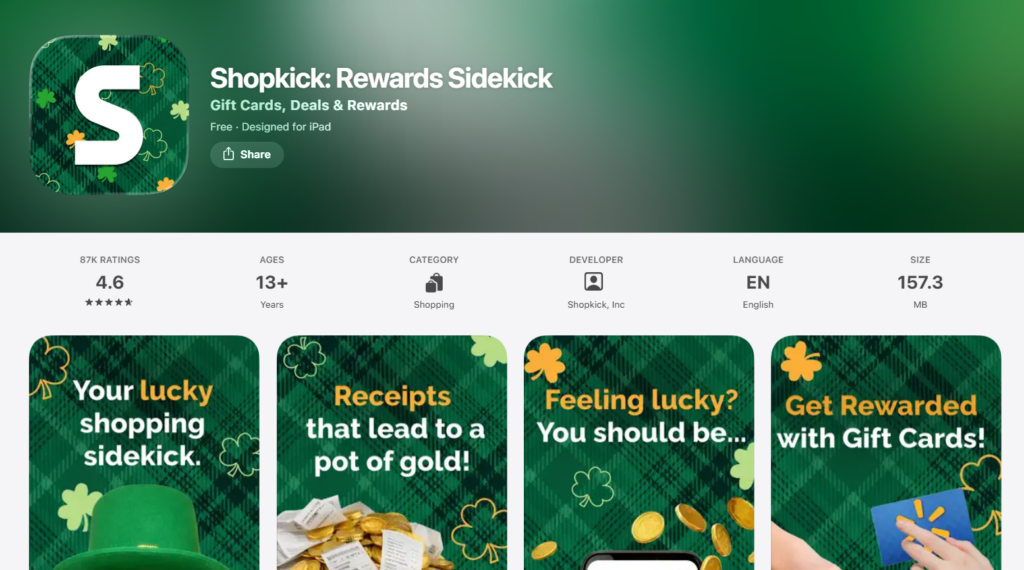 Shopkick app display on App Store, featuring a green plaid background with clovers and coins. Highlights include 'lucky shopping sidekick' and 'get rewarded with gift cards.'