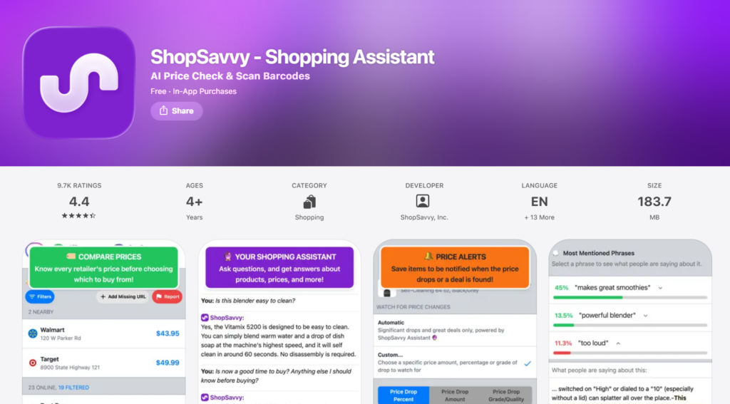Icon and app store listing for "ShopSavvy - Shopping Assistant." The app compares prices, alerts for deals, and includes user ratings and reviews with a 4.4-star rating.