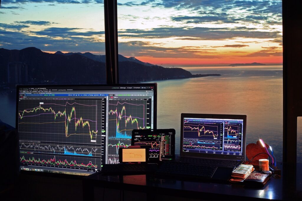 Stock market trading on different screens