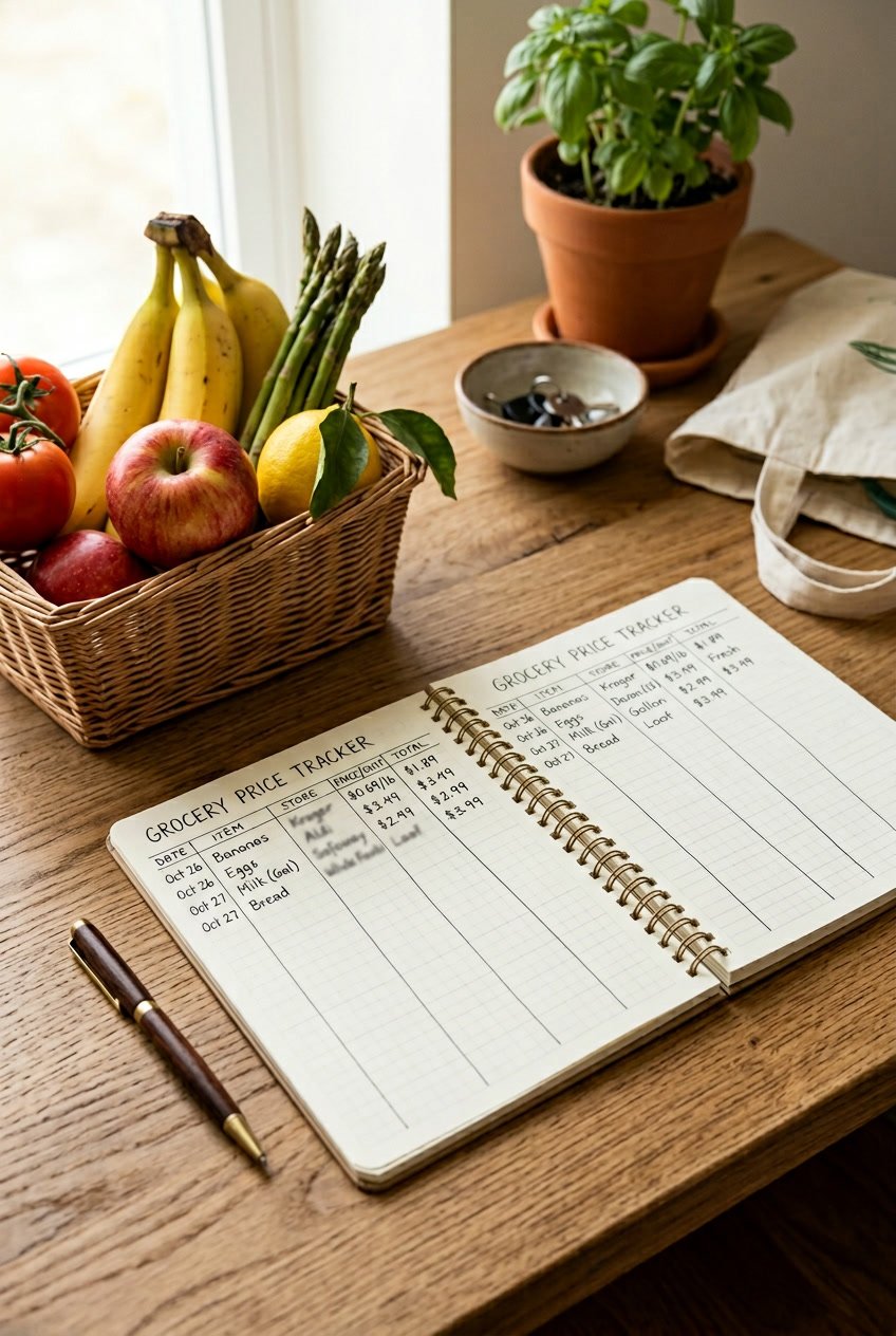 A grocery price book template open on a desk surrounded by fresh groceries and a pen.