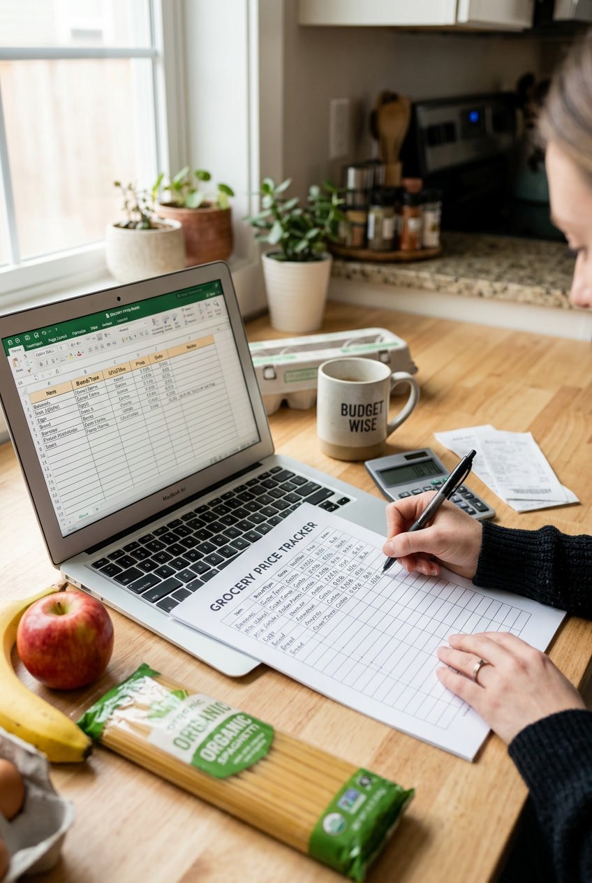 A person updating a grocery price book template on a desk with a laptop, printed sheets, and grocery items nearby.