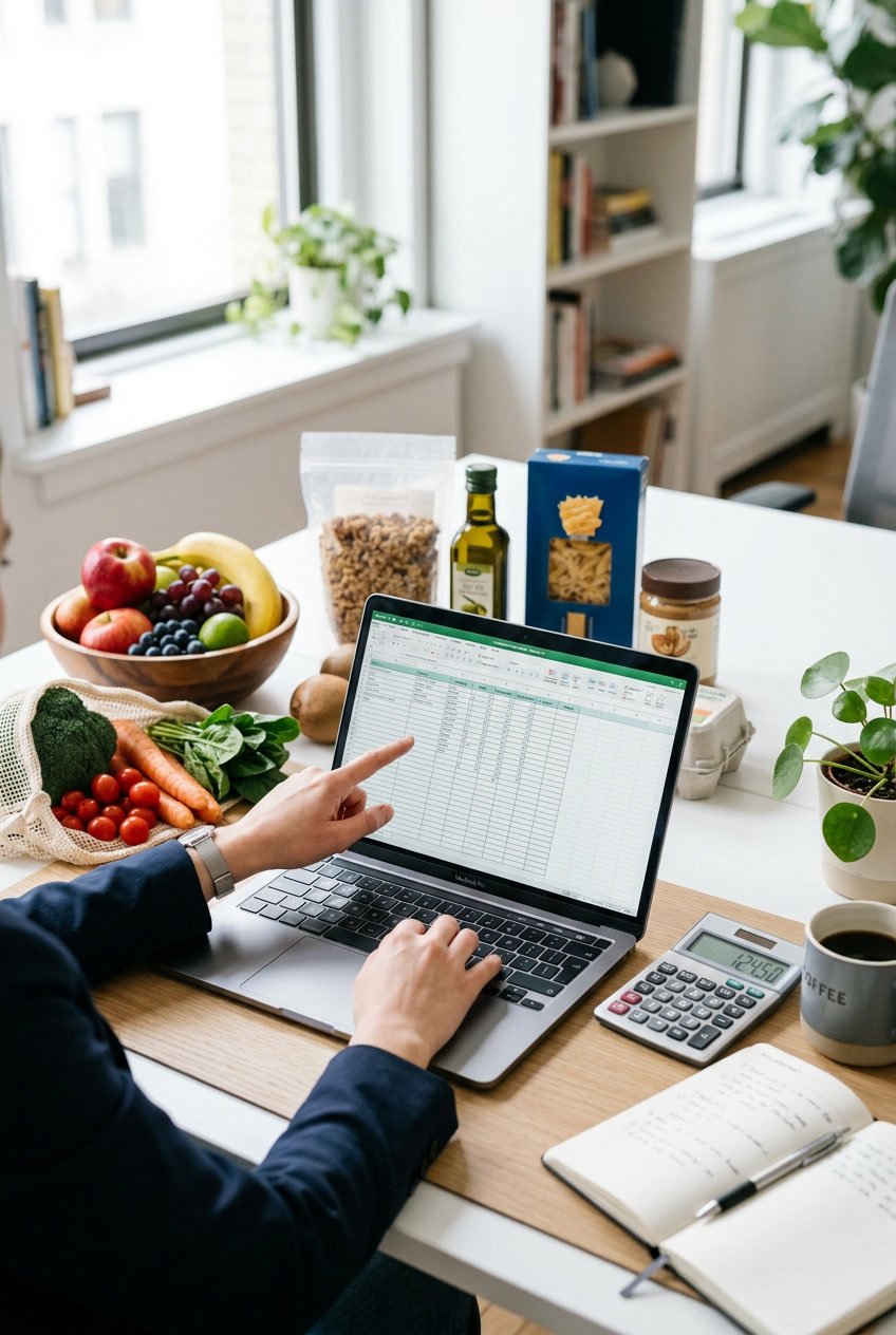 A person working on a laptop at a desk with grocery items and a calculator nearby.