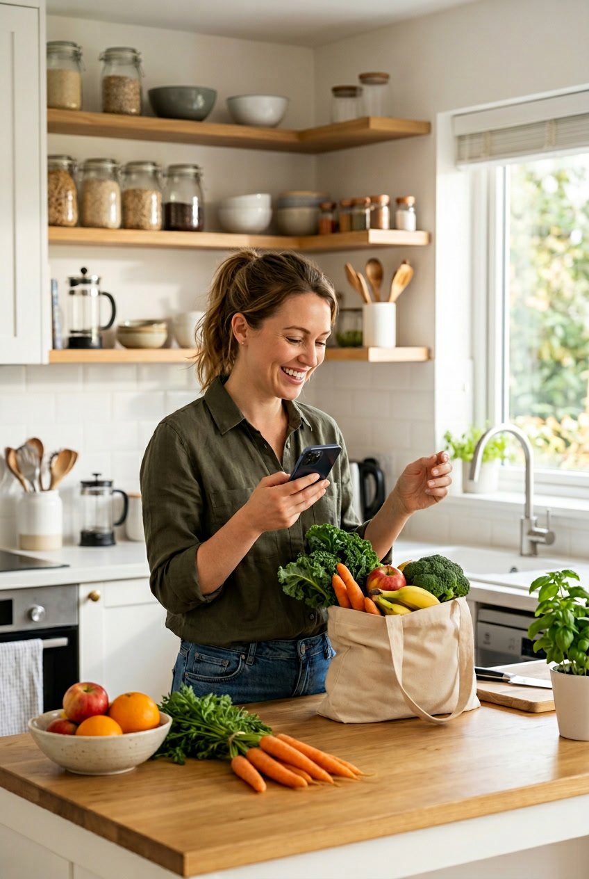 A person holding a smartphone showing a grocery deals app while standing in a kitchen with fresh produce and a reusable grocery bag.