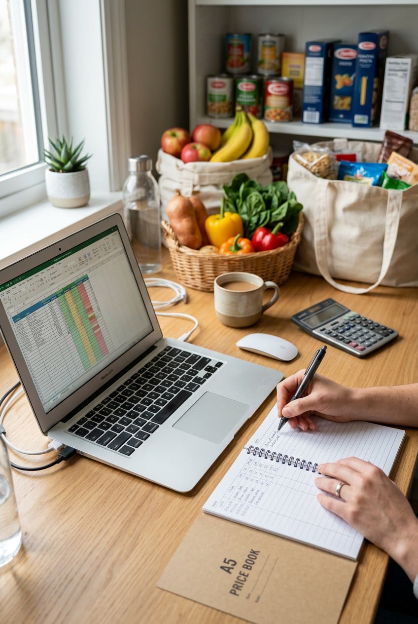 A workspace with a laptop, printed grocery price book, pen, and various grocery items arranged around the desk.