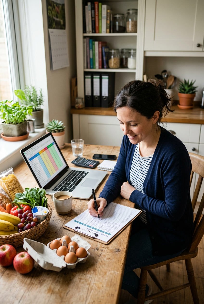 A person sitting at a table using a grocery price book template with fresh groceries nearby.