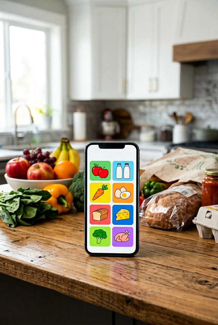 A smartphone on a kitchen countertop surrounded by fresh groceries, displaying a grocery deals app interface.