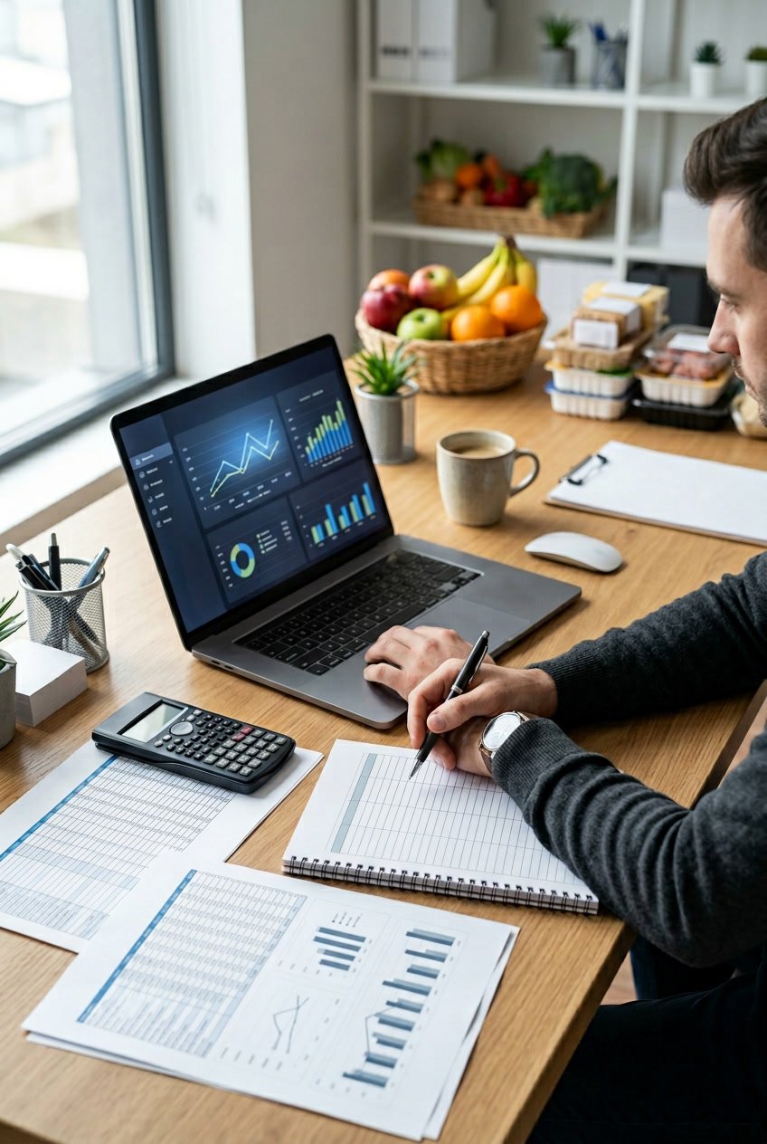 A person working at a desk with a laptop showing charts, a calculator, and a grocery price book template, surrounded by grocery items.