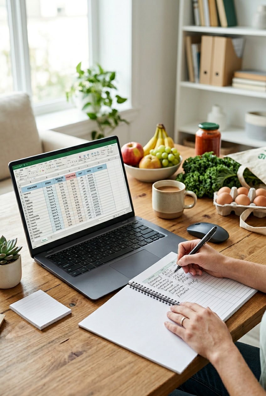 A person updating a grocery price book template on a laptop at a desk with grocery items nearby.