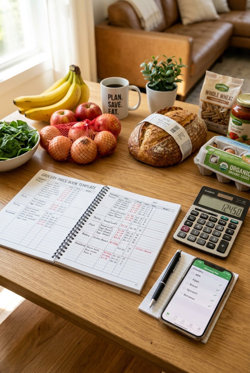 A desk with an open grocery price book, calculator, pen, smartphone, and fresh groceries arranged around it.
