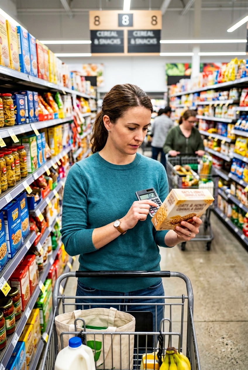 A person using a calculator to check the unit price of a packaged item while standing in a supermarket aisle.