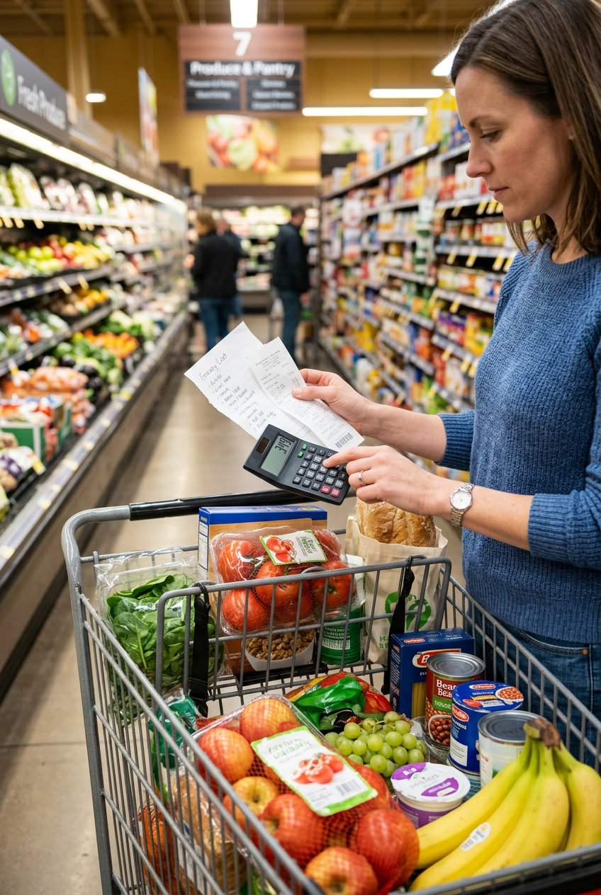 Person using a calculator and holding a grocery list next to a shopping cart filled with groceries in a supermarket aisle.