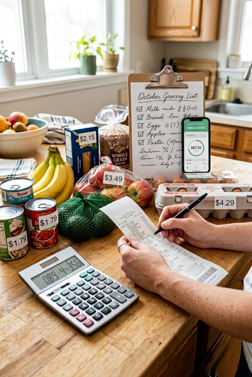 Hands using a calculator next to groceries and a shopping list on a kitchen countertop.