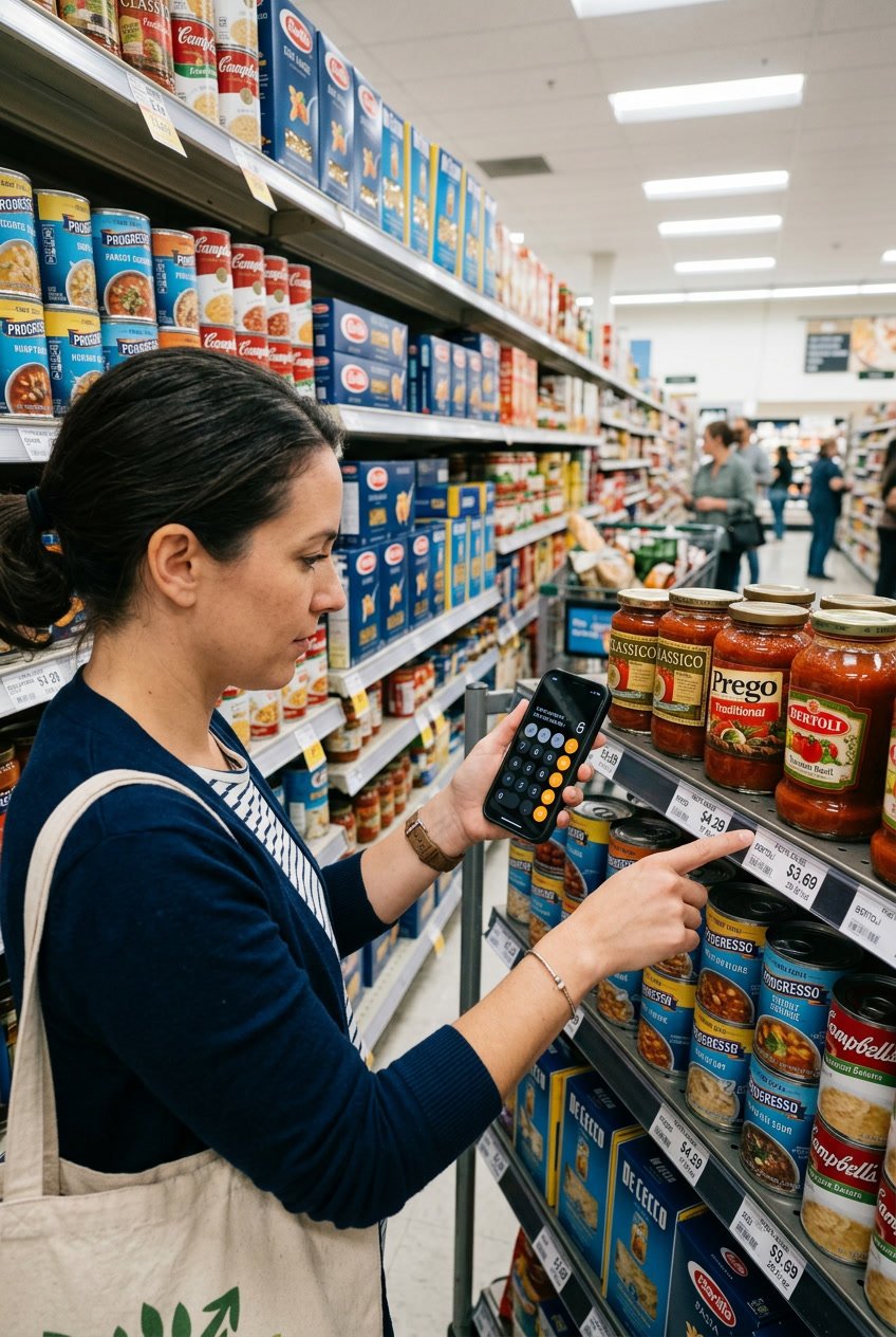 A person using a unit price calculator while shopping in a grocery store aisle filled with various packaged products.