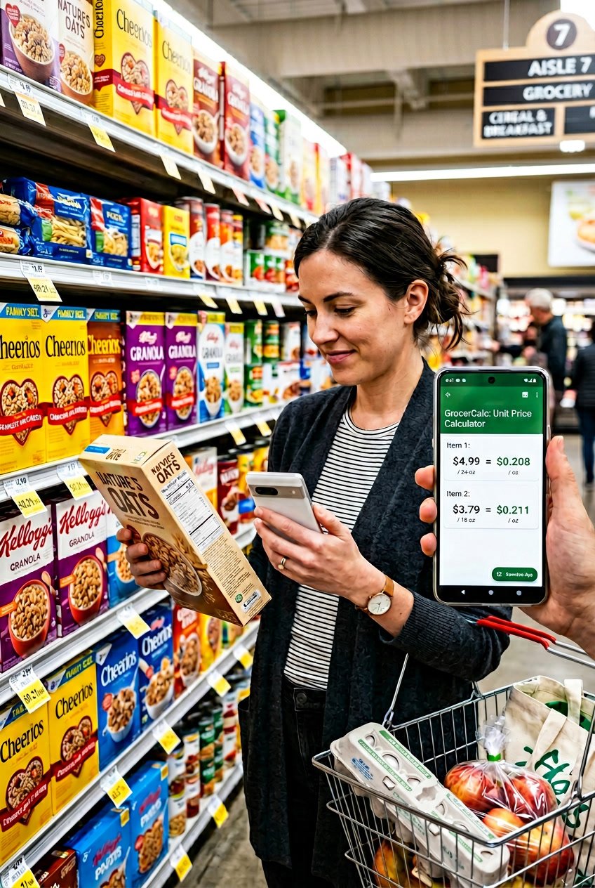 Person using a smartphone to compare grocery prices while standing in a supermarket aisle with shelves of food products.
