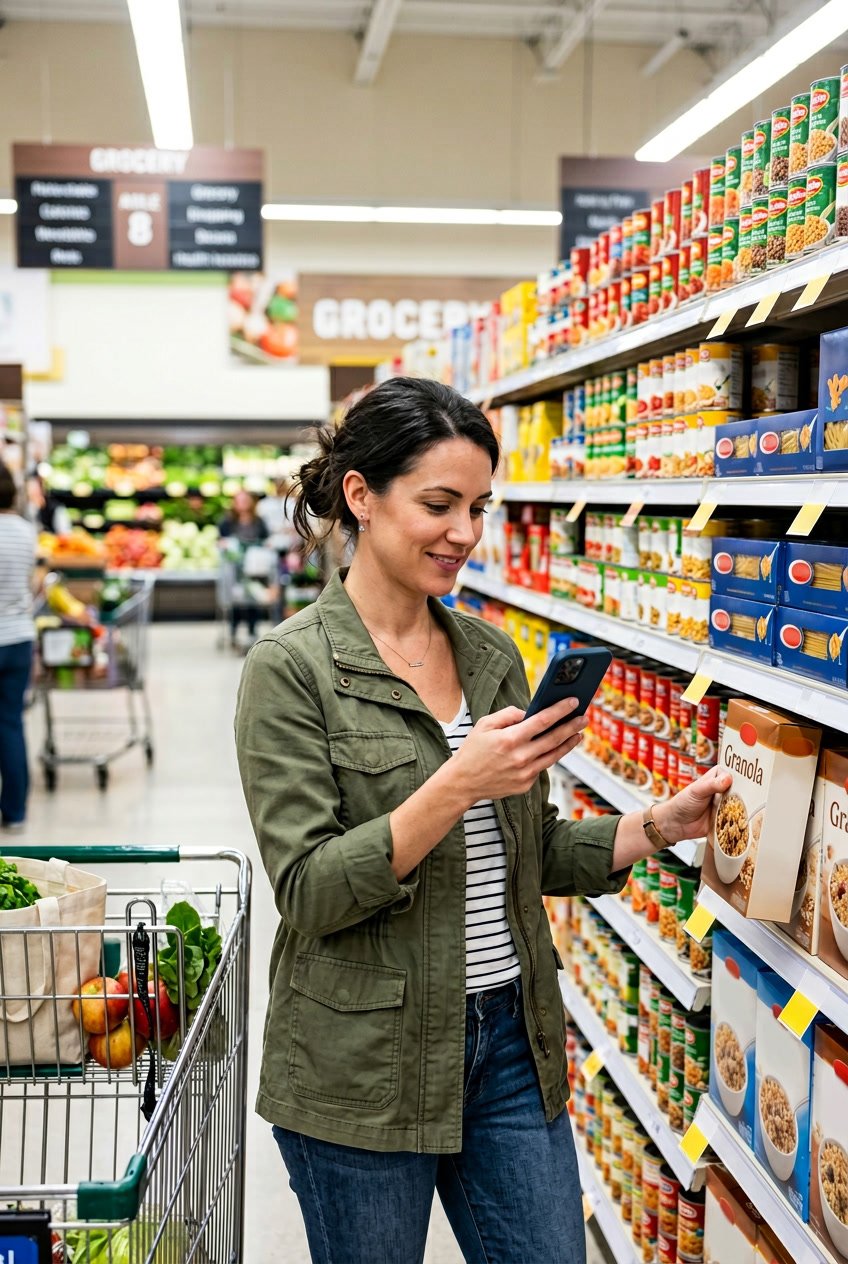 A person using a smartphone calculator while comparing grocery items in a supermarket aisle.