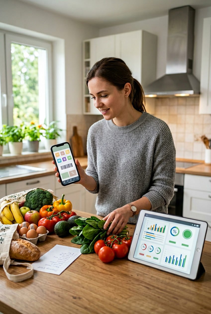 Person holding a smartphone showing a digital coupon app in a kitchen with groceries on the counter and a tablet displaying a rebate app nearby.