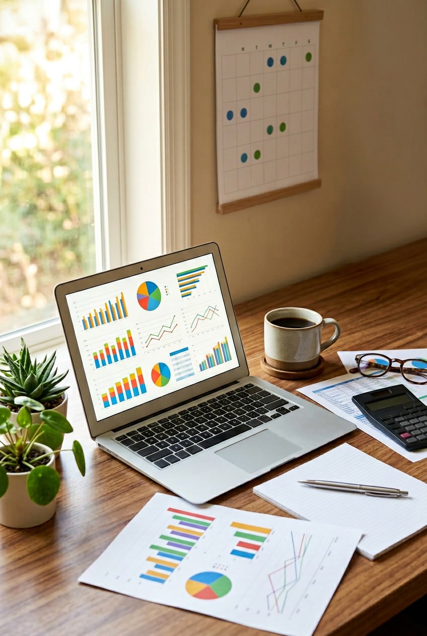 A workspace with a laptop showing charts, printed budget documents, a calculator, coffee cup, glasses, and a calendar, suggesting retirement budgeting.