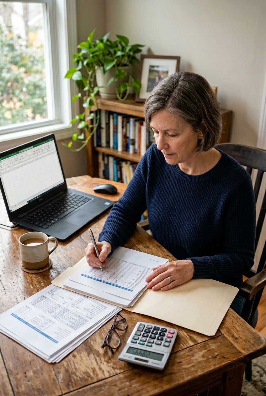 A person reviewing financial documents and using a calculator at a desk with a laptop and coffee, surrounded by home office items.